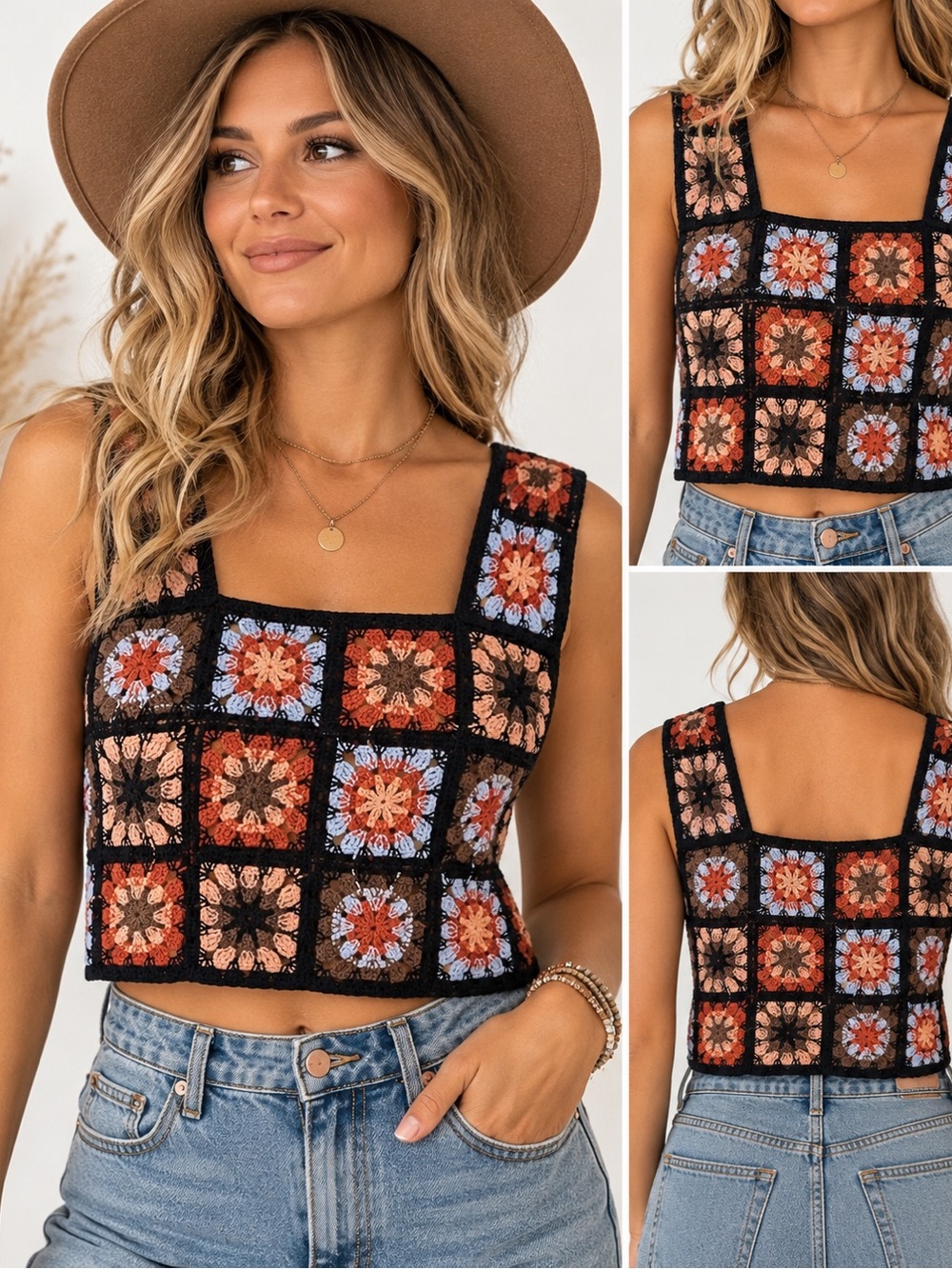 Crochet Granny Square Crop Top Black Brown Rust Blue Boho Tank